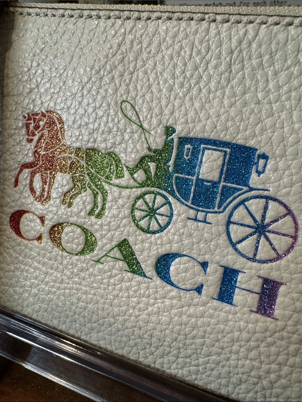 Coach White Pebbled Leather Wristlet with Rainbow Coach Logo